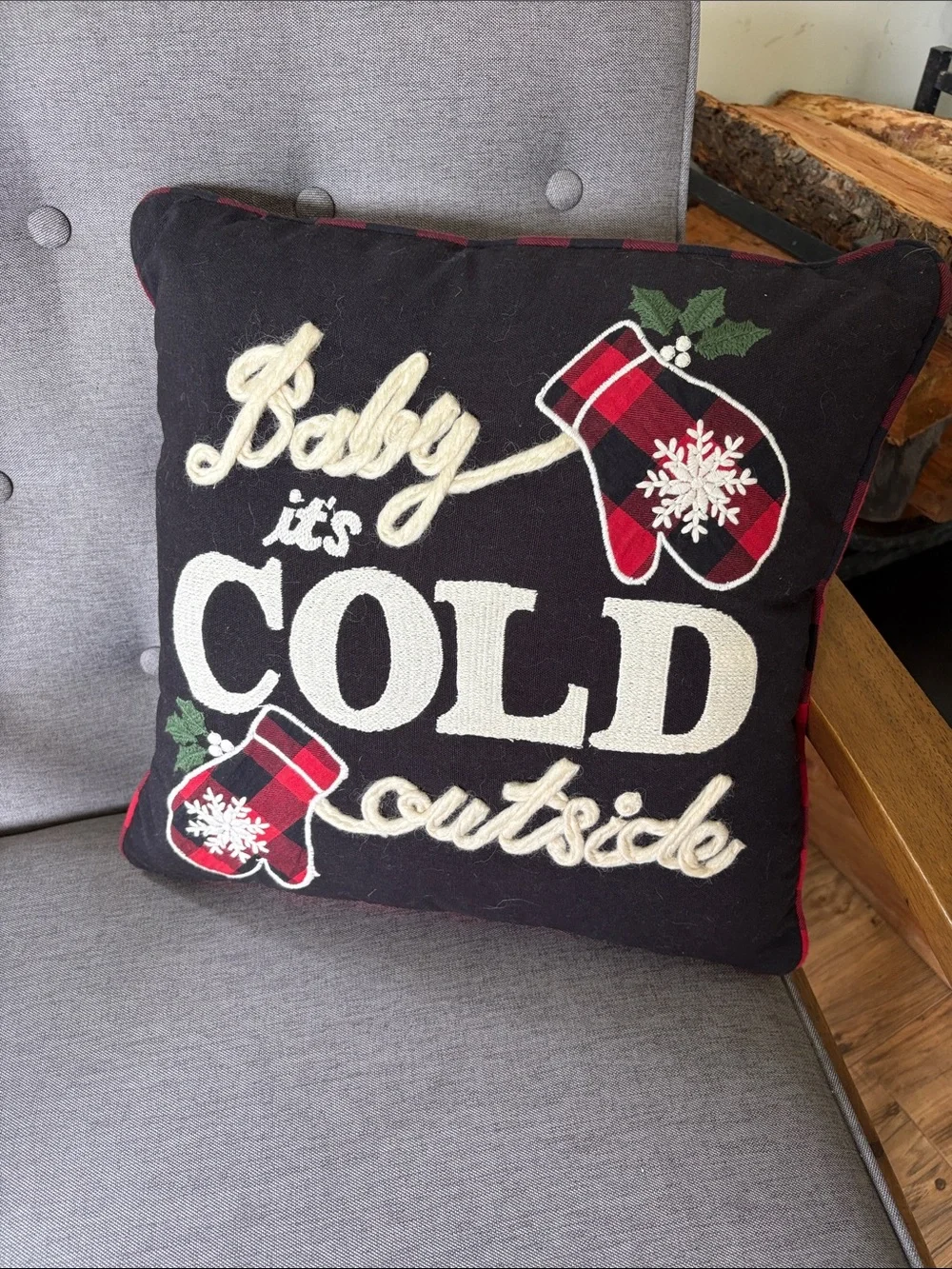 Pier 1 Black Holiday Pillow - 'Baby It's Cold Outside' Embroidered Design